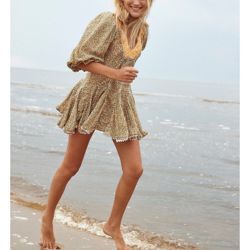 Free People Floral Mini Dress in Olive Green and Mustard - Picture 8 of 10